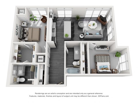 Floor plan for 2 beds, 2 baths, 1045 sqft